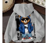 Felpa girocollo a maniche lunghe con stampa di orsetto e lettera NY, adatta per bambino, per autunno/inverno, casual, sociale, stagione autunnale 6-9M,9-12M,12-18M,18-24M,2-3YFumetto,Grafico,LettereTe