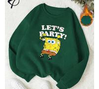 Felpa girocollo a maniche lunghe da donna autunno/inverno 2025 in verde, vestibilità classica regolare con stampa di cartone animato SpongeBob SquarePants in stile Luo Jian, elegante e alla moda, stru