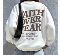 Felpa girocollo a maniche lunghe da donna con slogan "FAITH OVER FEAR", stile casual e versatile adatto per le vacanze, abbigliamento autunnale e invernale di per le donne, adatto per l'uso quotidiano