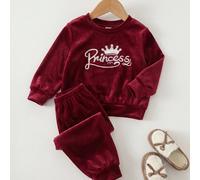Felpa girocollo a maniche lunghe in velluto con ricamo corona e lettera e pantaloni lunghi a vita elastica 2 pezzi/set per bambina piccola, comodi, versatili, alla moda, carini, casual, stile minimali