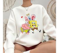 Felpa girocollo bianca casual da donna con spalle scese, foderata in pile e stampata SpongeBob SquarePants, raffigurante i personaggi dei cartoni animati SpongeBob, Patrick Stella e Gary la Lumaca. Pa