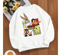 Felpa girocollo bianca versatile da donna. Personaggi classici come Bugs Bunny e Daffy Duck sono stampati su quattro pannelli, e la scritta aggiunge un tocco retrò. La vestibilità ampia è rilassata e 