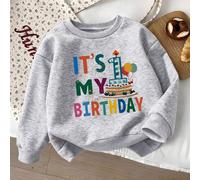 Felpa girocollo casual da bambino con slogan in inglese e grafica per il compleanno, comoda e leggera, adatta per l'autunno/inverno, abbigliamento casual alla moda per feste, picnic all'aperto, fotogr