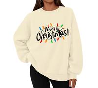 Felpa girocollo da donna, con scritta Merry Christmas, oversize, per autunno e inverno, Color crema, M