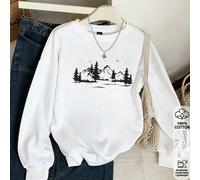 Felpa girocollo da donna, felpa oversize per autunno e inverno, top in cotone, stampa montagna, foresta, albero e uccello, felpa da donna morbida e versatile per tutti i giorni, top casual per tutte l