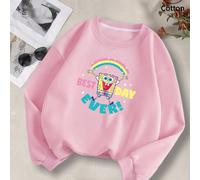 Felpa girocollo rosa unisex con SpongeBob sotto un arcobaleno e la scritta "IL GIORNO PIÙ BELLO DI SEMPRE!": indossa la tua felicità sulla manica! Tessuto confortevole e vestibilità comoda valorizzano