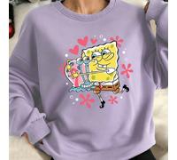 Felpa girocollo versatile unisex da donna - Felpa in cotone rosa con motivo SpongeBob che tiene in mano un oggetto trasparente, circondato da cuori e fiori per un look dolce e giocoso. La vestibilità