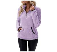 Felpa in pile da donna con mezza zip Felpa senza cappuccio a maniche lunghe con scollo a V con tasche alte sportive larghe e decontratte, tinta unita, top autunno e inverno, per il quotidiano
