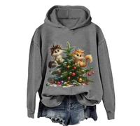 Felpa natalizia da donna, alla moda, casual, con stampa albero di Natale, girocollo, felpa con cappuccio Top vintage felpa natalizia, Grigio, L