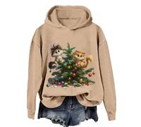 Felpa natalizia da donna alla moda casual con stampa albero di Natale Top girocollo felpa con cappuccio top lungo L, cachi, M
