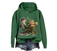 Felpa natalizia da donna alla moda casual con stampa albero di Natale Top girocollo felpa con cappuccio top lungo L, Verde, M