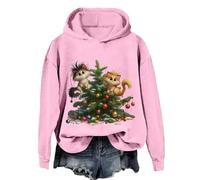 Felpa natalizia da donna alla moda casual con stampa albero di Natale Top girocollo felpa con cappuccio top lungo L, rosa, S