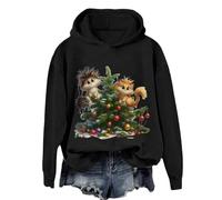 Felpa natalizia da donna alla moda casual con stampa albero di Natale Top girocollo felpa con cappuccio top lungo L, Nero , L