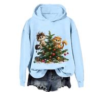 Felpa natalizia da donna alla moda casual con stampa albero di Natale Top girocollo felpa con cappuccio top lungo L, blu cielo, S