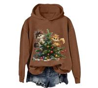 Felpa natalizia da donna alla moda casual con stampa albero di Natale Top girocollo felpa con cappuccio top lungo L, Caff, XXL