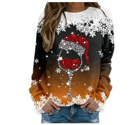 Felpa natalizia da donna con stampa divertente, maglione natalizio divertente, cappello di Natale, stampa bicchiere di vino, girocollo, maniche lunghe, camicetta natalizia per la vita quotidiana