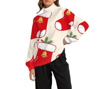 Felpa natalizia da donna divertente a tema natalizio con collo a lupetto, maglione natalizio foderato in pile, maglione natalizio a collo alto, maglione invernale termico per le feste, Rosso, XXL