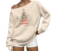 Felpa natalizia da donna Merry and Bright Christmas Tree Graphic Felpe a maniche lunghe Maglione natalizio Top a girocollo oversize pullover carino abbigliamento natalizio, Beige, M