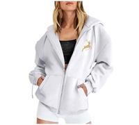 Felpa natalizia da donna, oversize, casual, adolescente, ragazza, con cappuccio, divertente, motivo natalizio, a maniche lunghe, per il periodo natalizio, 04-bianco, L