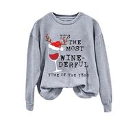 Felpa natalizia da donna, top accogliente, con scritta "The Most Wine Derful Time Of The Year", alla moda, girocollo, casual, con stampa a forma di bicchiere di vino, a maniche lunghe, per la vita