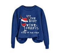 Felpa natalizia da donna, top accogliente, con scritta "The Most Wine Derful Time Of The Year", alla moda, girocollo, casual, con stampa a forma di bicchiere di vino, a maniche lunghe, per la vita