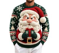 Felpa natalizia da uomo verde con maniche 3D Babbo Natale e Fair Isle | Babbo Natale rialzato tiene un regalo al centro, incorniciato da fiocchi di neve bianchi e bande rosse e verdi e bianche Fair