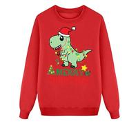 Felpa Natalizia Dinosauro Girocollo a Maniche Lunghe per Ragazzi e Ragazze Top alla Moda con Stampa Divertente Albero di Natale Girocollo Abbigliamento da Strada per Bambini, Rosso, 3-4 Years