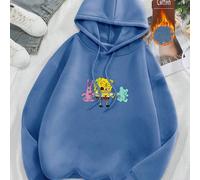 Felpa nera da donna autunno/inverno con cappuccio, coulisse, maniche lunghe e lavorazione a coste, con una vivace immagine di SpongeBob stampata sul davanti, che interagisce con un simpatico coniglio 