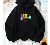 Felpa nera da donna autunno/inverno con cappuccio, coulisse, maniche lunghe e lavorazione a coste, con una vivace immagine di SpongeBob stampata sul davanti, che interagisce con un simpatico coniglio 