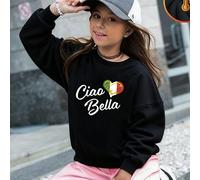 Felpa nera/grigia da bambina, in cotone, con lo slogan italiano "Ciao, bella" e una stampa a cuore nei colori della bandiera italiana, design con spalle scese, casual e versatile, tessuto spesso autun