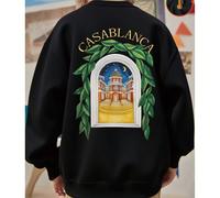 Felpa nera in cotone per ragazzi con spalle scese, top con motivo castello illuminato dalla luna, felpa casual ampia, felpa calda con scollo rotondo in tessuto spesso per autunno e inverno, abbigliame