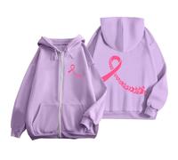 Felpa ottobre rosa autunno inverno caldo felpa con cappuccio donna con cerniera stampata nastro rosa cancro al seno felpe casual giacca mezza stagione oversize maglioni con cappuccio, viola., XXL