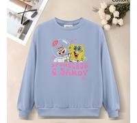 Felpa oversize a maniche lunghe con spalle scese, tinta unita, azzurra, per bambine, con SpongeBob e Sandy affiancati e scritta "SPONGEBOB & SANDY" in rosa, impreziosita da delicati pois floreali per