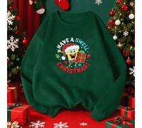 Felpa oversize a maniche lunghe da donna in verde scuro per l'autunno/inverno e le atmosfere natalizie. Presenta SpongeBob che indossa un cappello da Babbo Natale e tiene in mano dei regali sul davant