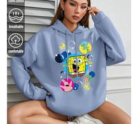Felpa oversize con cappuccio e scollo tondo da donna in blu denim con stampa vivace e adorabile di SpongeBob SquarePants, Patrick Star, Squiddi e amici. Tessuto di cotone traspirante. Appassionati di