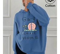 Felpa oversize con cappuccio versatile da donna, girocollo, in blu denim. Presenta una piccola lumaca e la scritta "Gary, COME HOME" stampata, come a chiamare Gary a casa. Realizzata in puro cotone pe
