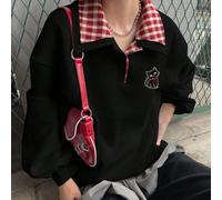 Felpa oversize con colletto regolare, in tessuto a quadri, con decorazione frontale a tema animale, stile college, in pile spesso, per l'autunno, stile kawaii, dark academia, moda coreana, abbigliamen