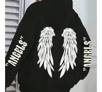 Felpa oversize con stampa di ali e "ali di angelo", con coulisse, tasche, casual e comoda, lavabile in lavatrice, abbigliamento casual per l'autunno/inverno, colore nero 0XL,1XL,2XL,3XL,4XL,5XLTessuto