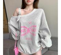Felpa oversize da donna con scollo asimmetrico, effetto tie-dye e stampa a lettere, maniche lunghe, abbigliamento autunnale, foderata in pile L,M,S,XLLettere,FarfallaTessuto in maglia