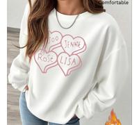 Felpa oversize da donna con stampa cartoon e vestibilità rilassata, con scollo rotondo bianco, per la primavera/autunno. Presenta cornici a forma di cuore con la scritta "JISOO, JENNIE, Rosé, LISA". F