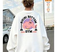 Felpa oversize da donna con stampa cartoon, vestibilità comoda, per la primavera/autunno. SpongeBob si trasforma in un bel pezzo grosso sulla schiena, con la giocosa scritta "BIKINI BOTTOM GYM". Foder