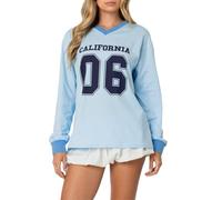 Felpa oversize da donna con stampa di numeri e lettere a maniche lunghe con scollo a V pullover top autunno felpa basic vestiti preppy, blu cielo, M
