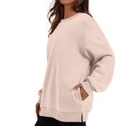 Felpa oversize da donna, girocollo, a maniche lunghe, tinta unita, Y2k, taglie forti, alla moda, senza cappuccio, con tasche laterali, per adolescenti, ragazze, scuola, studenti, tutti i giorni, Beige