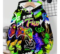 Felpa oversize da ragazzo adolescente, stile minimalista casual, con stampa graffiti, disegni cartoni animati di console di gioco, lettere inglesi, stile sportivo e da strada Y2K, adatta per autunno/i