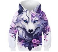 Felpa per Bambini 3D Lupo Bianco Viola con Cappuccio in 3D - Hoodie per Bambini per Stile Unico, Sweatshirt per Bambini Resistente E Comodo.