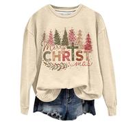 Felpa per Happy Christmas Tree Graphics a maniche lunghe, con cappuccio, per Natale, da donna, beige., S