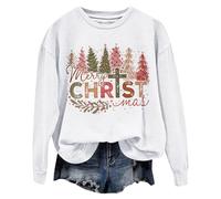 Felpa per Happy Christmas Tree Graphics a maniche lunghe, con cappuccio, per Natale, da donna, bianco, M