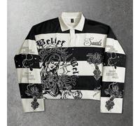 Felpa polo da uomo in stile americano, con grafica retrò della Vergine Maria e righe, in stile street L,M,S,XL,XXLFumetto,Grafico,LettereTessuto