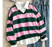 Felpa preppy da ragazza adolescente con effetto due pezzi, colletto, maniche lunghe, a righe rosa e verdi, top pullover, abbigliamento per il ritorno a scuola, abbigliamento autunnale da ragazza 14Y,1