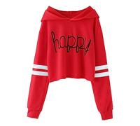 Felpa Ragazza Gatto Ragazze Bambini Casual Sciolto Maniche lunghe Felpe con cappuccio Felpe con cappuccio Pullover corto Lettera Stampa a righe Teen Crop Top Ragazze Tops Anni 90 (Red, 12-13 Years)